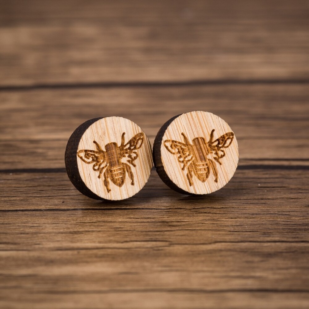 "Bee-utiful Bees" Vintage Bee Wooden Stud Earrings - Picture 2 of 3